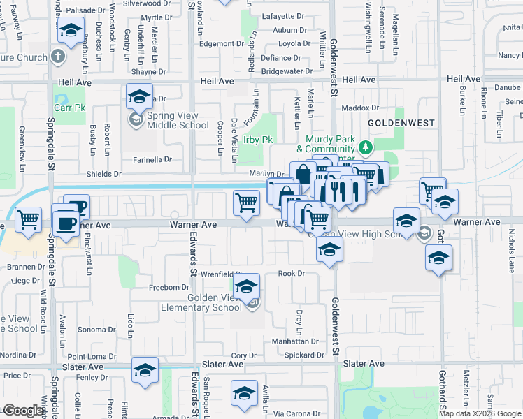 map of restaurants, bars, coffee shops, grocery stores, and more near 16972 Limelight Circle in Huntington Beach