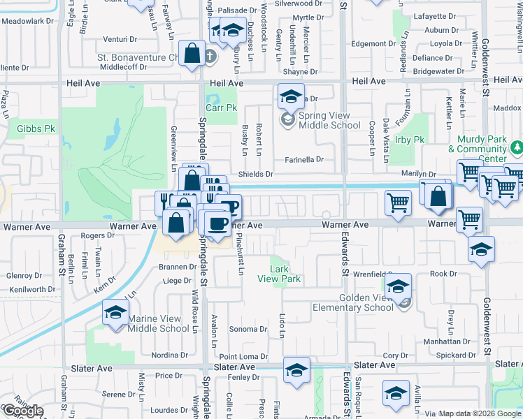 map of restaurants, bars, coffee shops, grocery stores, and more near in Huntington Beach
