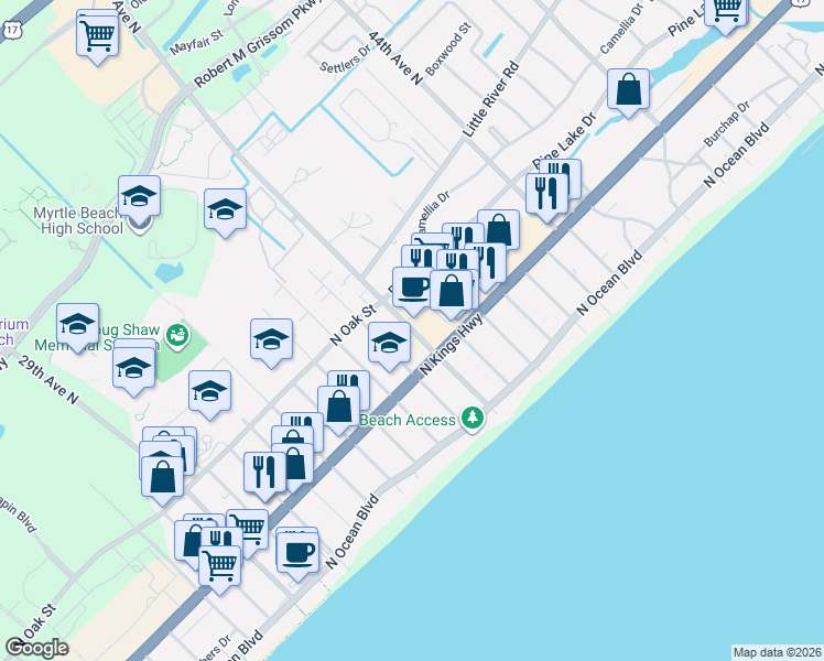 map of restaurants, bars, coffee shops, grocery stores, and more near 505 37th Avenue North in Myrtle Beach