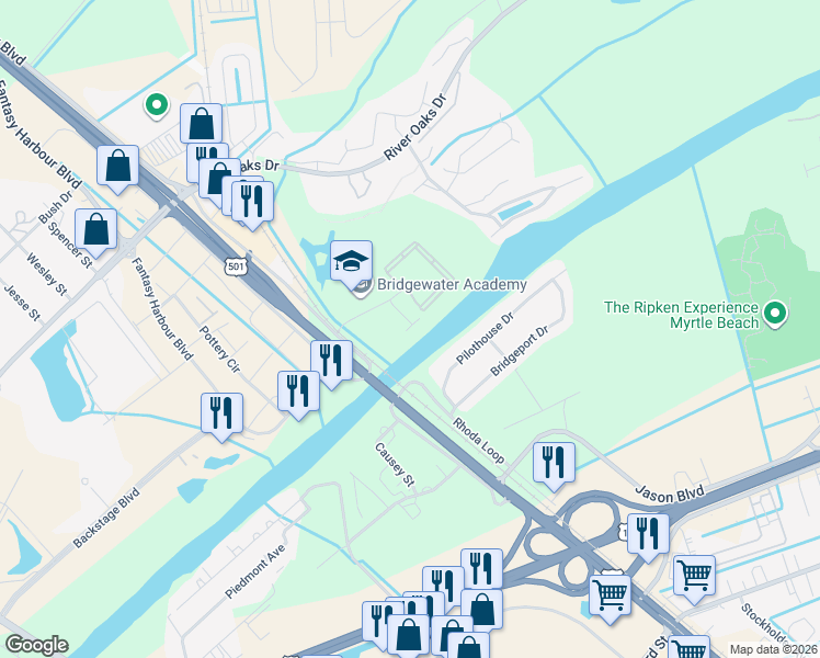 map of restaurants, bars, coffee shops, grocery stores, and more near 251 Pilothouse Drive in Myrtle Beach