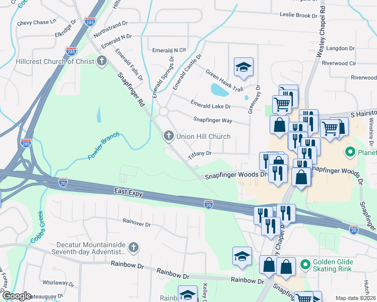map of restaurants, bars, coffee shops, grocery stores, and more near 4023 Tiffany Drive in Decatur