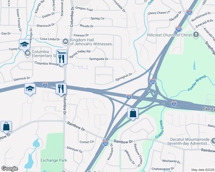 map of restaurants, bars, coffee shops, grocery stores, and more near 3505 Springrun Drive in Decatur