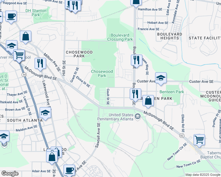 map of restaurants, bars, coffee shops, grocery stores, and more near 1396 Gault Street Southeast in Atlanta