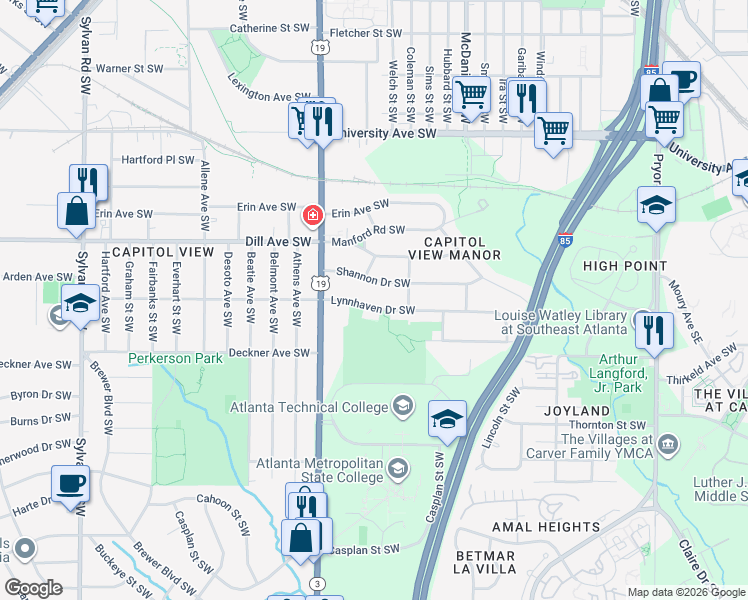 map of restaurants, bars, coffee shops, grocery stores, and more near 526 Lynnhaven Drive Southwest in Atlanta