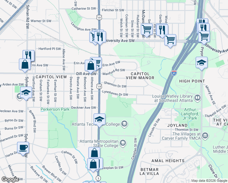 map of restaurants, bars, coffee shops, grocery stores, and more near 554 Lynnhaven Drive Southwest in Atlanta