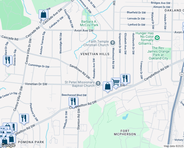 map of restaurants, bars, coffee shops, grocery stores, and more near 1433 Aniwaka Avenue Southwest in Atlanta