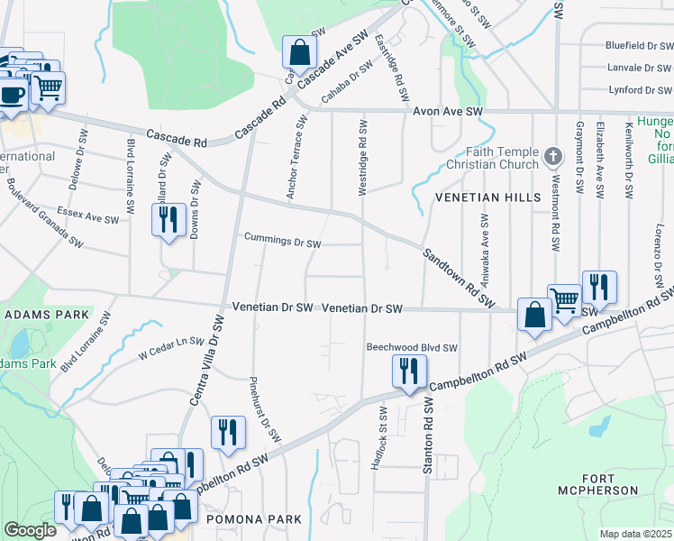 map of restaurants, bars, coffee shops, grocery stores, and more near 1848 Bayberry Drive Southwest in Atlanta