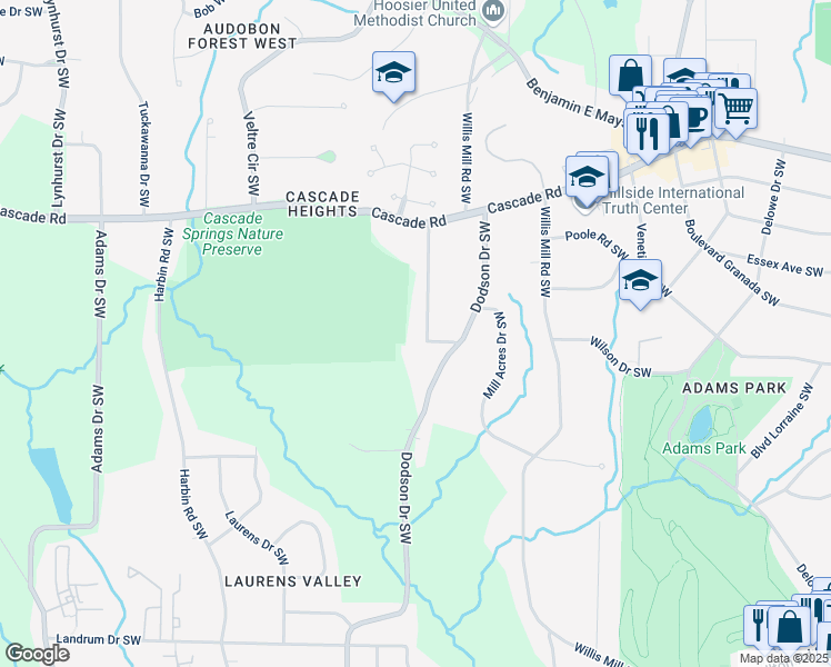 map of restaurants, bars, coffee shops, grocery stores, and more near 1433 Woodland Terrace Southwest in Atlanta