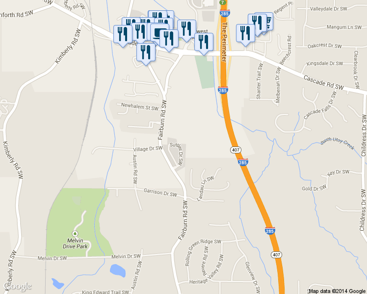 map of restaurants, bars, coffee shops, grocery stores, and more near 2100 Suttles Drive Southwest in Atlanta