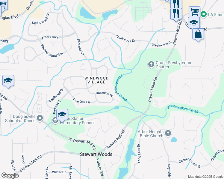 map of restaurants, bars, coffee shops, grocery stores, and more near 9890 Riverwood Court in Douglasville