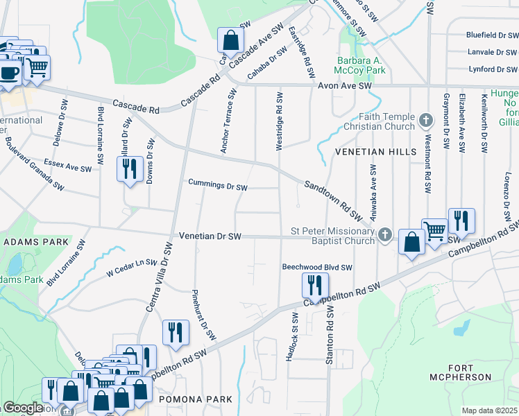 map of restaurants, bars, coffee shops, grocery stores, and more near 1848 Bayberry Drive Southwest in Atlanta