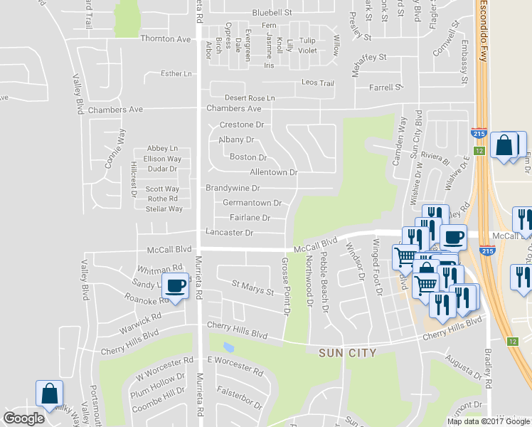 map of restaurants, bars, coffee shops, grocery stores, and more near 26224 Fairlane Drive in Sun City
