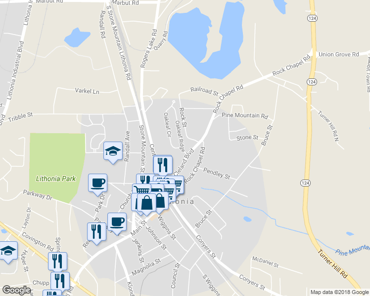 map of restaurants, bars, coffee shops, grocery stores, and more near 2546 Oakleaf Ridge in Lithonia