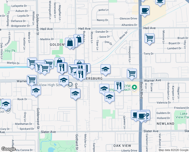 map of restaurants, bars, coffee shops, grocery stores, and more near 7502 Warner Avenue in Huntington Beach