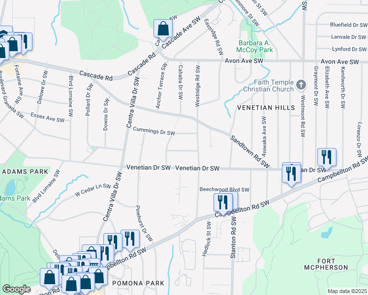 map of restaurants, bars, coffee shops, grocery stores, and more near 1841 Bayberry Drive Southwest in Atlanta