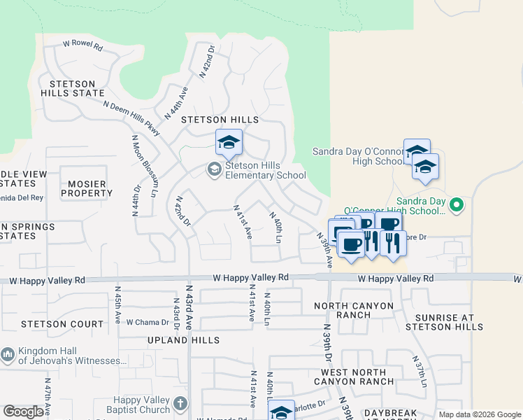 map of restaurants, bars, coffee shops, grocery stores, and more near 4032 West Desert Hollow Drive in Phoenix