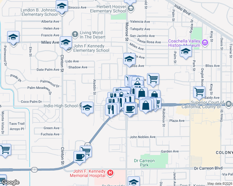 map of restaurants, bars, coffee shops, grocery stores, and more near 81840 Avenue 46 in Indio