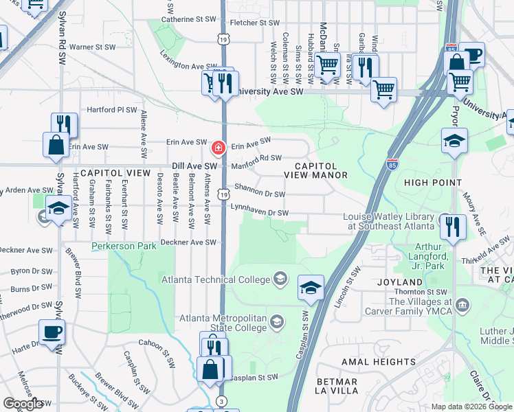 map of restaurants, bars, coffee shops, grocery stores, and more near 554 Lynnhaven Drive Southwest in Atlanta