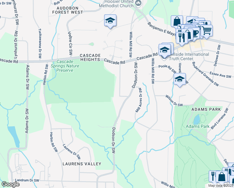 map of restaurants, bars, coffee shops, grocery stores, and more near 1433 Woodland Terrace Southwest in Atlanta