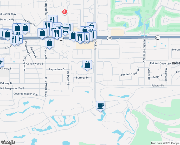 map of restaurants, bars, coffee shops, grocery stores, and more near 74958 Chateau Circle in Indian Wells