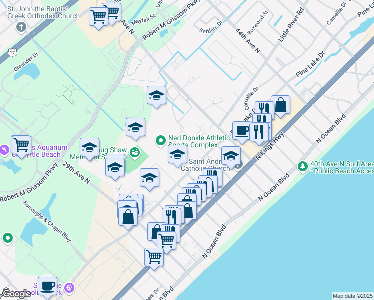 map of restaurants, bars, coffee shops, grocery stores, and more near 608 35th Avenue North in Myrtle Beach