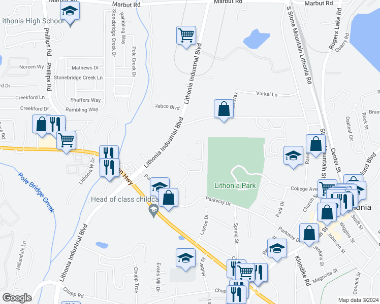 map of restaurants, bars, coffee shops, grocery stores, and more near 6418 Parkway Terrace in Lithonia