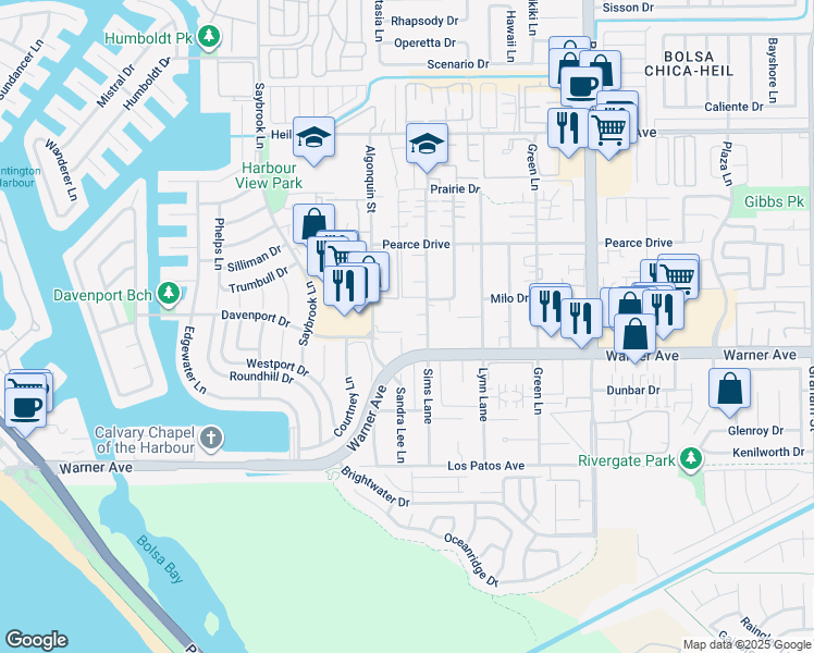 map of restaurants, bars, coffee shops, grocery stores, and more near 4591 Warner Avenue in Huntington Beach