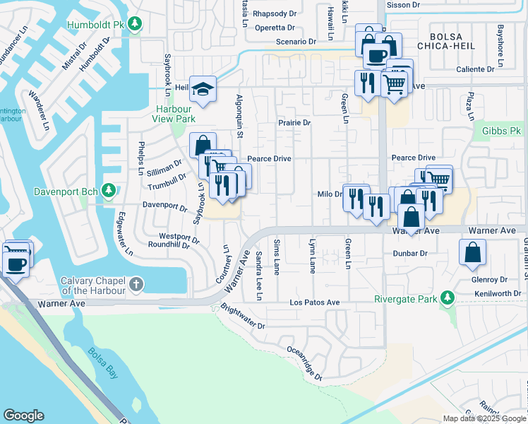 map of restaurants, bars, coffee shops, grocery stores, and more near 4561 Warner Avenue in Huntington Beach