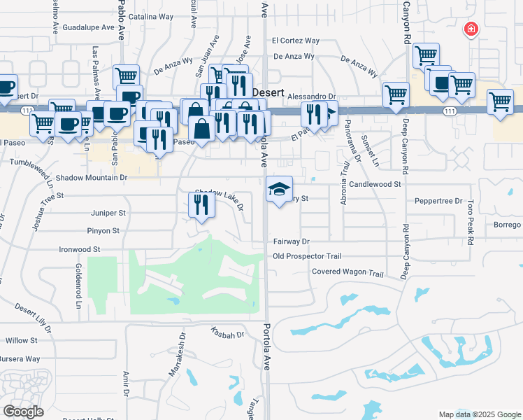 map of restaurants, bars, coffee shops, grocery stores, and more near 45731 Portola Avenue in Palm Desert