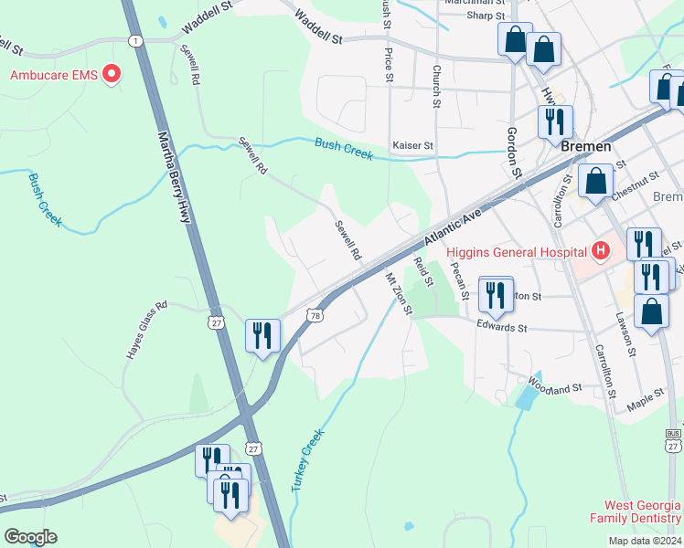 map of restaurants, bars, coffee shops, grocery stores, and more near 405 Tallapoosa Street in Bremen
