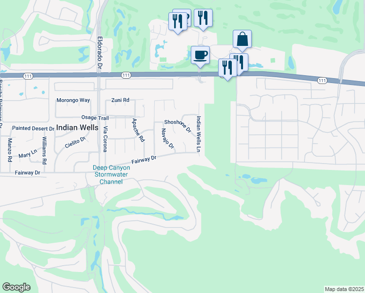 map of restaurants, bars, coffee shops, grocery stores, and more near 45715 Cholame Way in Indian Wells