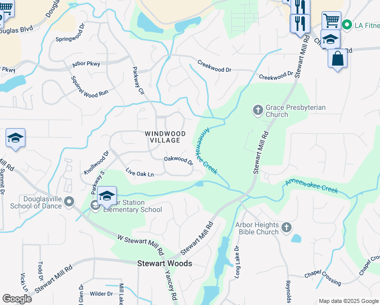 map of restaurants, bars, coffee shops, grocery stores, and more near 9890 Riverwood Court in Douglasville