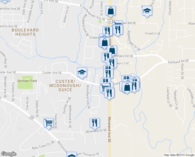 map of restaurants, bars, coffee shops, grocery stores, and more near 1363 Summer Lane Drive Southeast in Atlanta