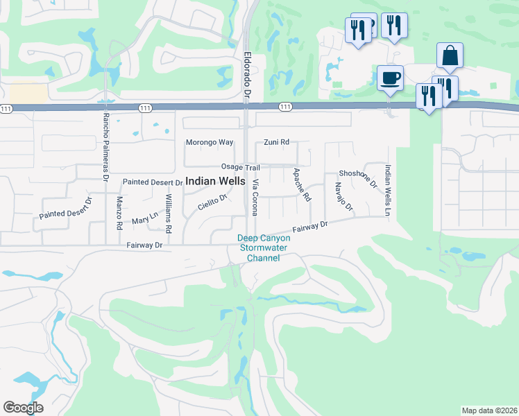 map of restaurants, bars, coffee shops, grocery stores, and more near 45650 Vía Corona in Indian Wells