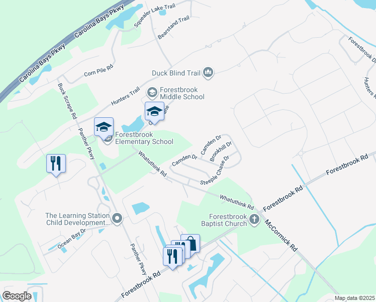 map of restaurants, bars, coffee shops, grocery stores, and more near 3822 Camden Drive in Myrtle Beach