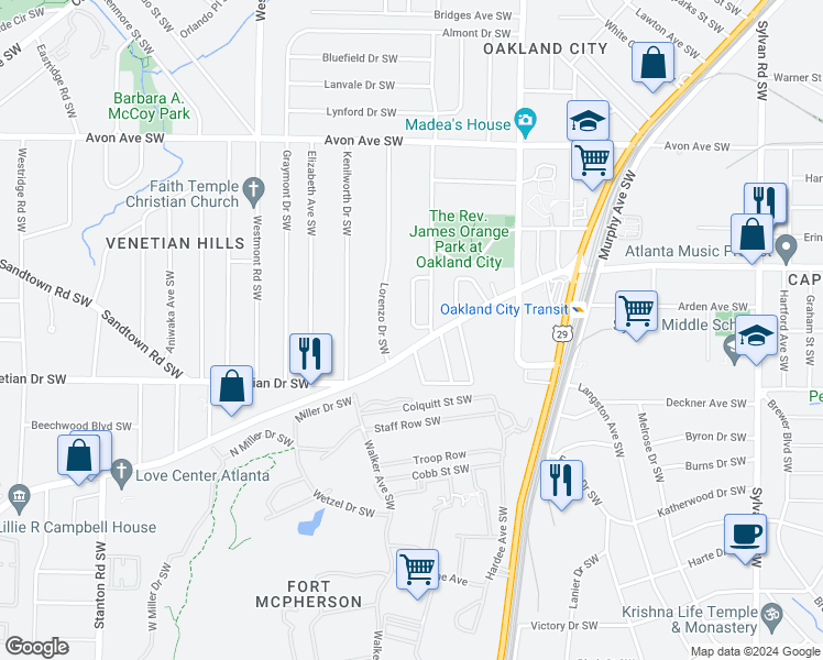 map of restaurants, bars, coffee shops, grocery stores, and more near 1415 Byrere Terrace Southwest in Atlanta