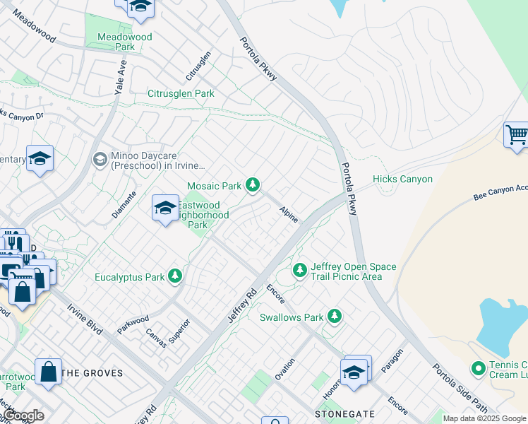 map of restaurants, bars, coffee shops, grocery stores, and more near 83 Quill in Irvine