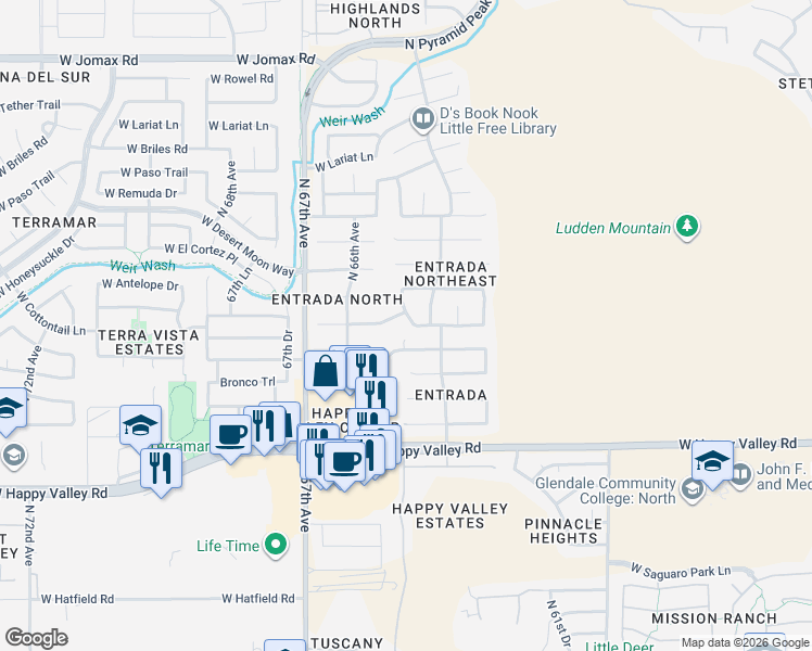map of restaurants, bars, coffee shops, grocery stores, and more near 25414 North 65th Avenue in Phoenix
