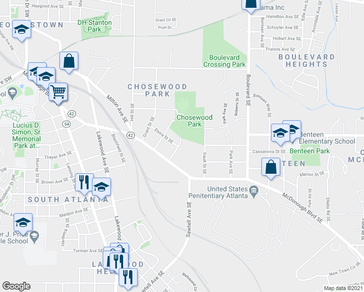 map of restaurants, bars, coffee shops, grocery stores, and more near 1392 Eric Street Southeast in Atlanta