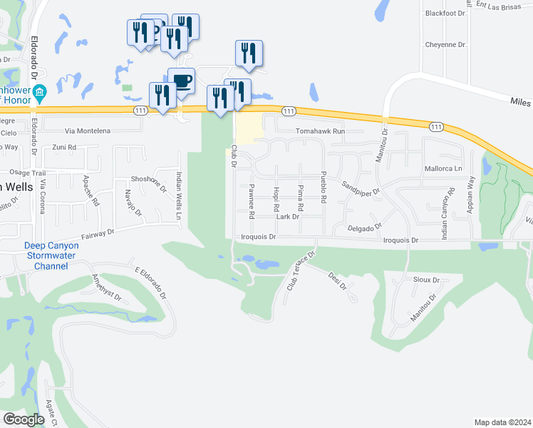 map of restaurants, bars, coffee shops, grocery stores, and more near 76770 Lark Drive in Indian Wells