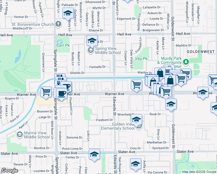 map of restaurants, bars, coffee shops, grocery stores, and more near 6401 Warner Avenue in Huntington Beach
