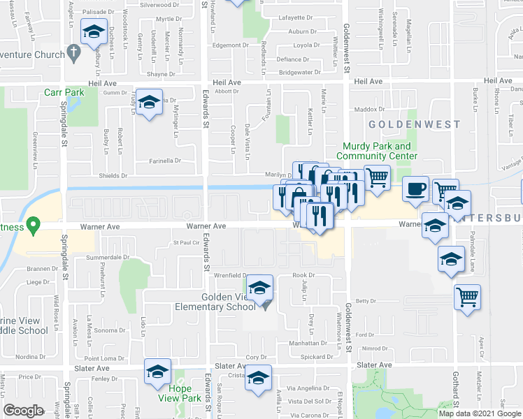 map of restaurants, bars, coffee shops, grocery stores, and more near 6701 Sun Drive in Huntington Beach