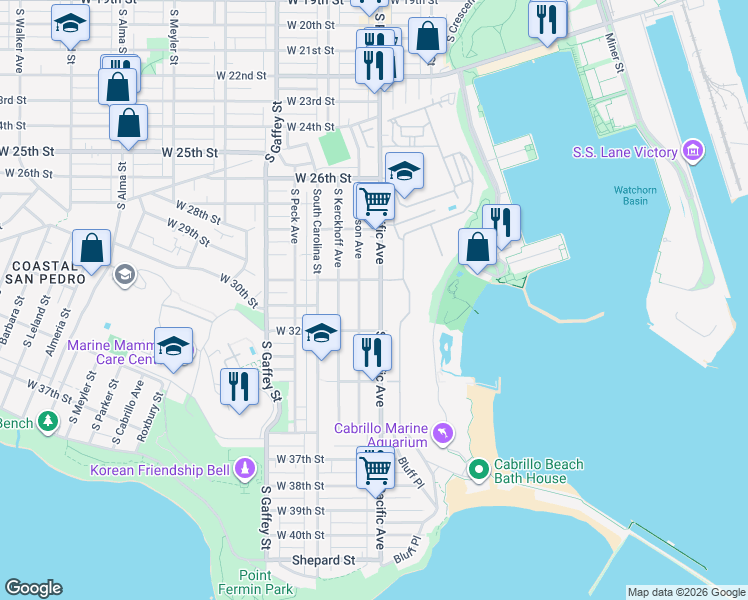 map of restaurants, bars, coffee shops, grocery stores, and more near 3033 South Pacific Avenue in Los Angeles