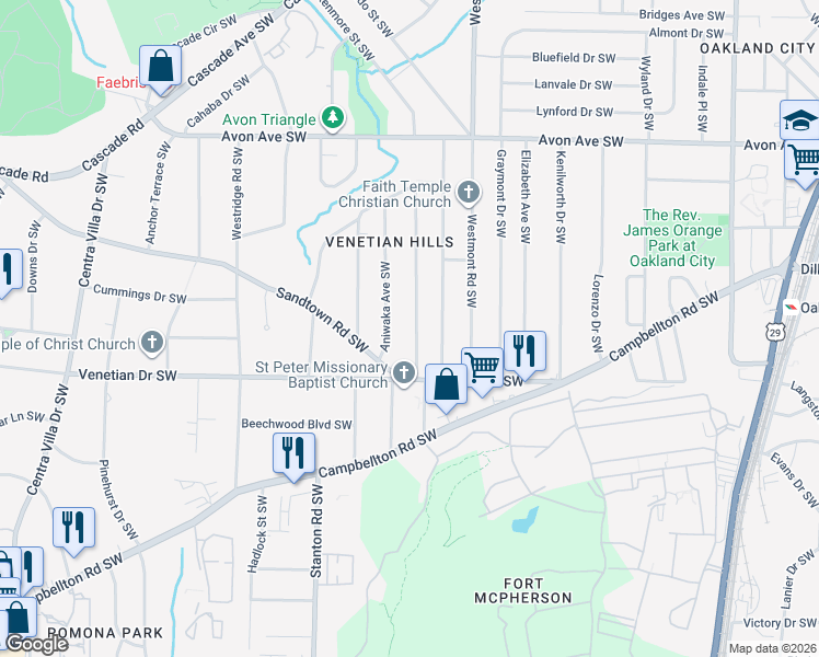 map of restaurants, bars, coffee shops, grocery stores, and more near 1429 Willow Trail Southwest in Atlanta