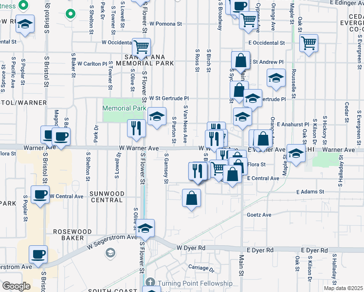 map of restaurants, bars, coffee shops, grocery stores, and more near 2246 South Van Ness Avenue in Santa Ana