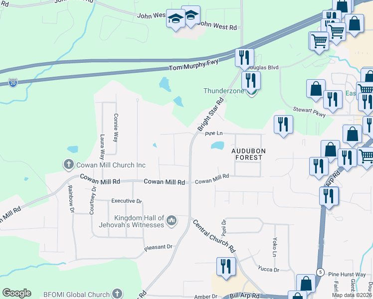 map of restaurants, bars, coffee shops, grocery stores, and more near 6295 Bright Star Road in Douglasville