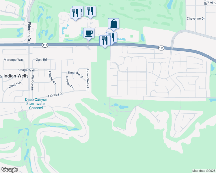 map of restaurants, bars, coffee shops, grocery stores, and more near 45737 Club Drive in Indian Wells