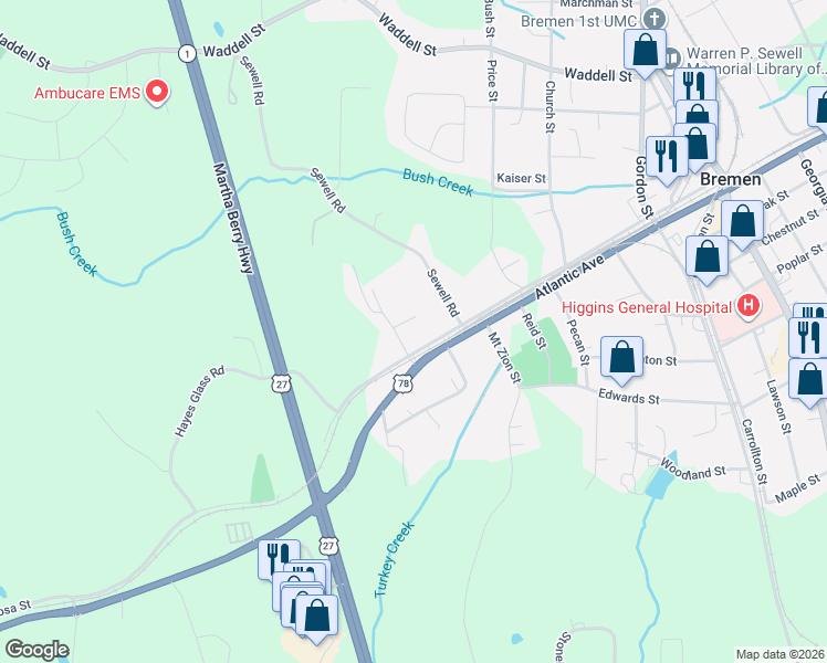 map of restaurants, bars, coffee shops, grocery stores, and more near 417 Tallapoosa Street in Bremen