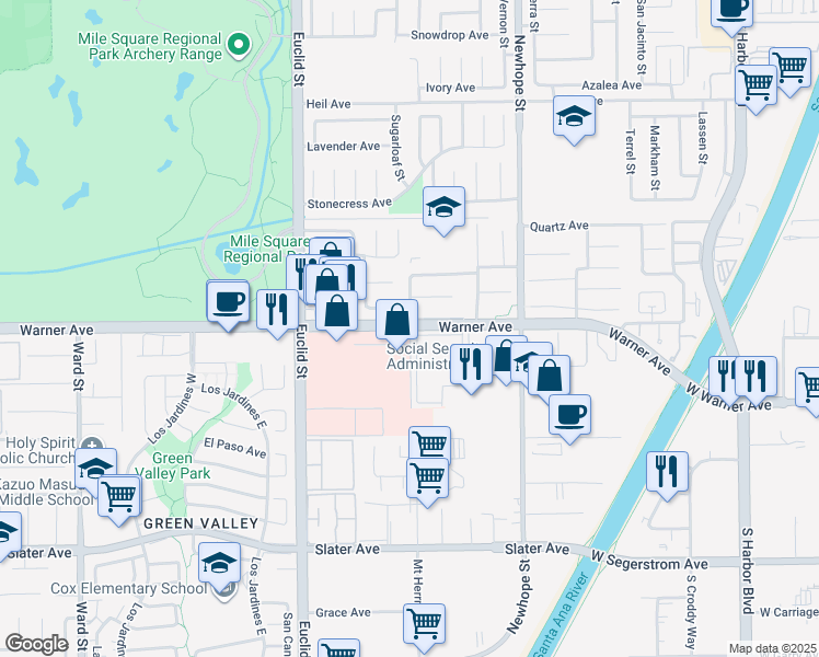 map of restaurants, bars, coffee shops, grocery stores, and more near 11300 Warner Avenue in Fountain Valley