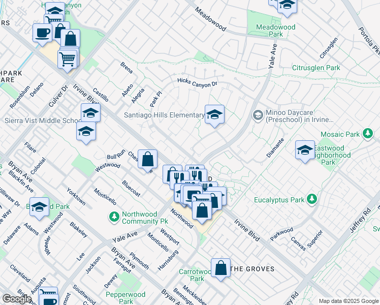 map of restaurants, bars, coffee shops, grocery stores, and more near 3 Christamon West in Irvine